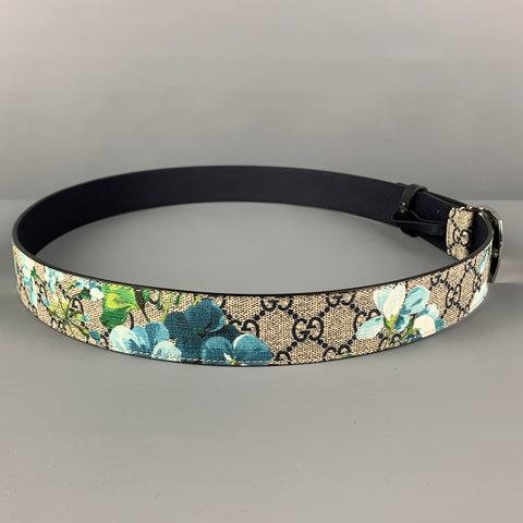 GUCCI Size 40 Blue White Floral Monogram Leather Belt