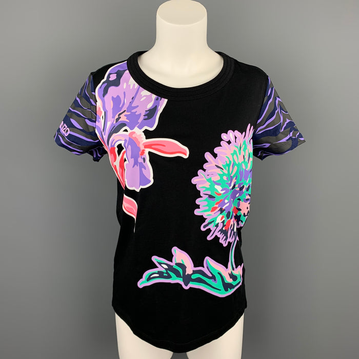 KENZO Taille S T-shirt manches courtes en coton fleuri noir