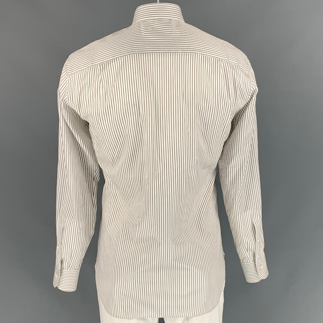 ERMENEGILDO ZEGNA Size L White & Brown Stripe Cotton Button Down Long Sleeve Shirt
