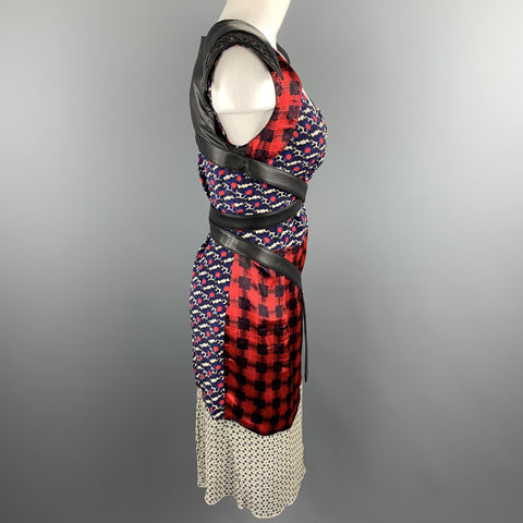 MICHEL KLEIN Size S Multi-Color Patchwork Mixed Fabrics Silk Belted Sheath Dress