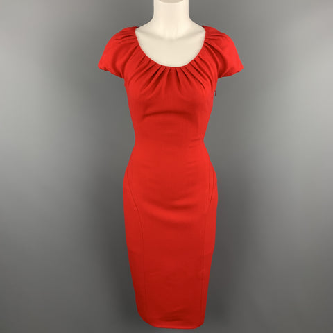 REEM ACRA Size 4 Red Silk Crepe Ruched Collar Lace Back Sheath Dress