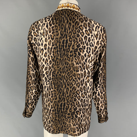 VERSACE Size M Black Brown Animal Print Silk Button Up Long Sleeve Shirt