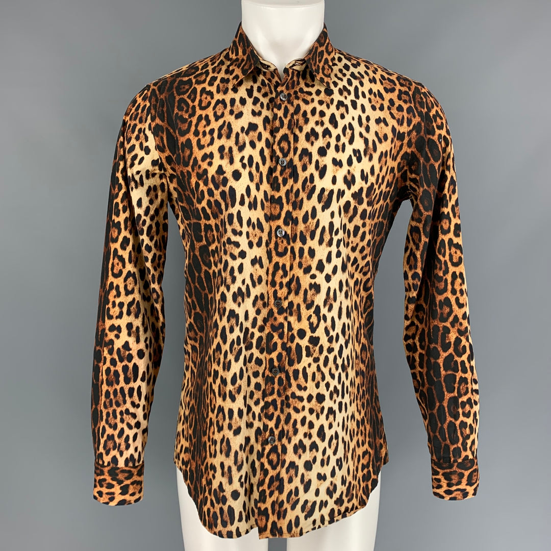 MOSCHINO Size M Tan & Black Leopard  Print Cotton Button Up Long Sleeve Shirt