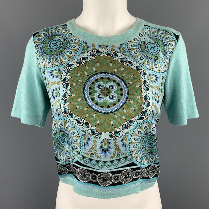 ETRO Size 6 Mint Blue Cotton Knit Silk Scarf Front Pullover