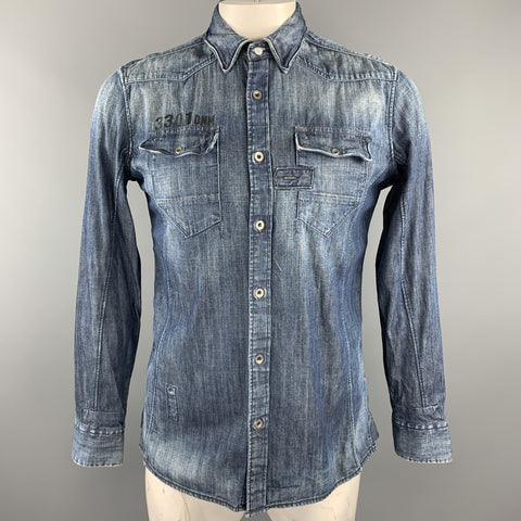 G-STAR Size L Indigo Wash Cotton Patch Pockets Long Sleeve Shirt