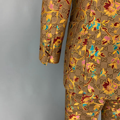 GUCCI Size 4 Tan Gold Brocade Floral Polyester Single Button Pants Suit