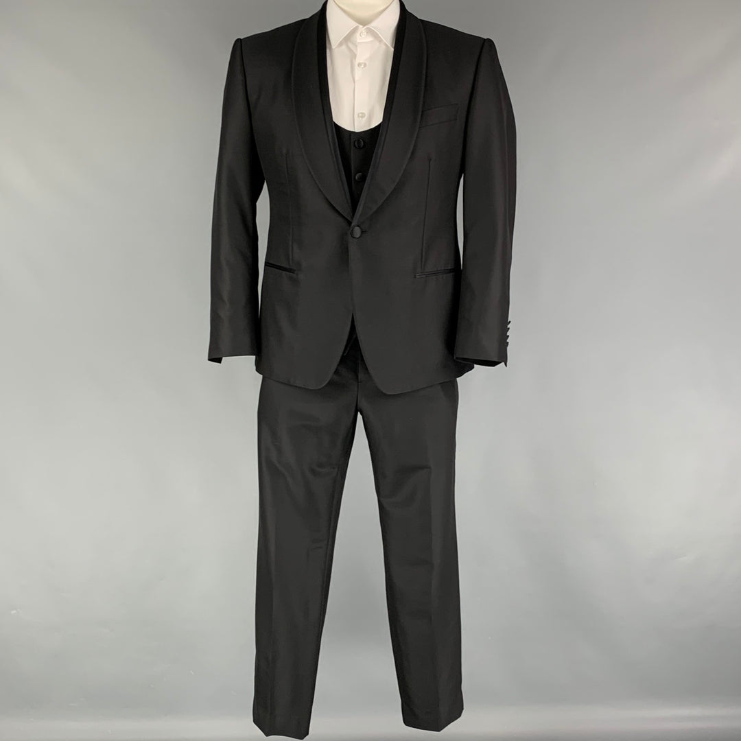 DOLCE & GABBANA Sicilia Size 42 Short Black Woven Wool Shawl Collar Tuxedo 3 Piece Suit