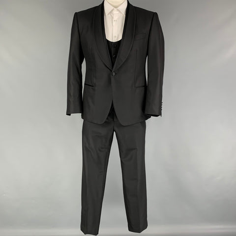 DOLCE & GABBANA Sicilia Size 42 Short Black Woven Wool Shawl Collar Tuxedo 3 Piece Suit