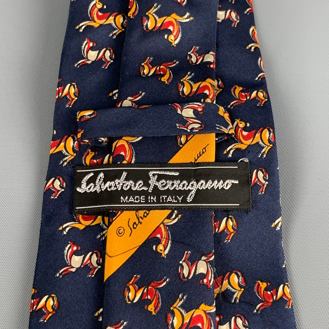 SALVATORE FERRAGAMO Navy Red Yellow Horse Print Silk Tie