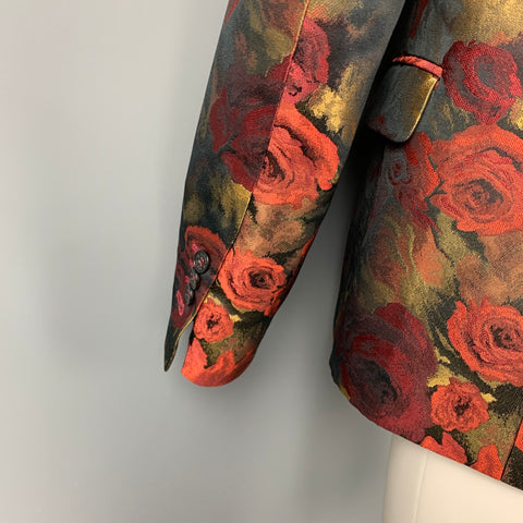 LORDS & FOOLS Size 44 Red & Gold Floral Polyester Notch Lapel Sport Coat