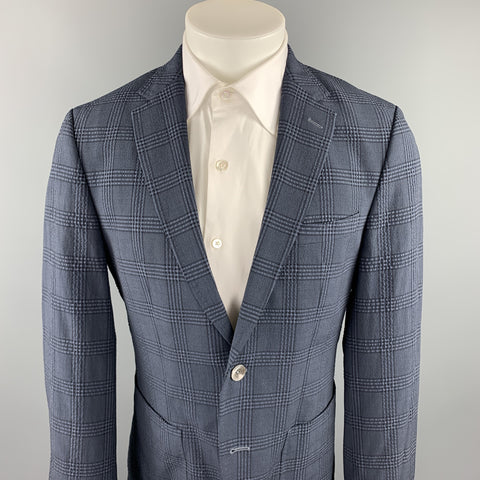 HUGO BOSS Size 38 Regular Navy Plaid Wool Blend Notch Lapel Sport Coat