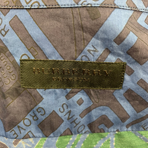 BURBERRY PRORSUM Size L Navy Blue Cotton Silk London Map Print Long Sleeve Shirt