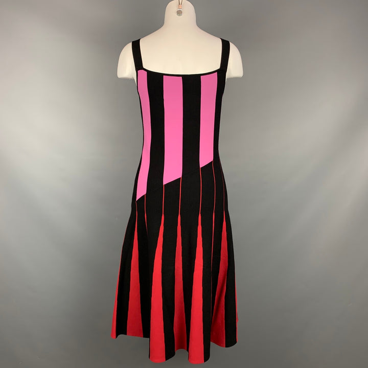TOMAS MAIER Size 2 Black & Red Viscose / Polyester Stripe Mid-Calf A-line Dress