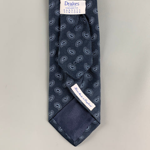 DRAKES LONDON Navy Light Blue Paisley Silk Tie