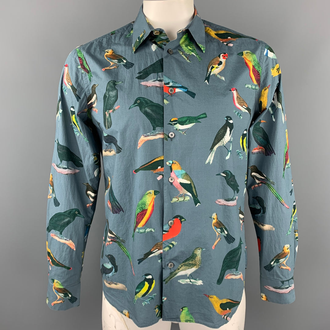 PAUL SMITH Size L Grey Bird Print Cotton Button Up Long Sleeve Shirt