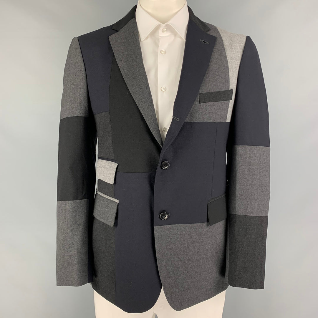 WOOSTER + LARDINI Size 44 Navy Grey Patchwork Wool Notch Lapel Sport Coat