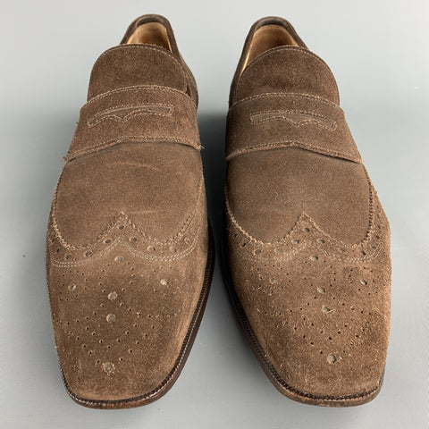 MERCANTI FIORENTINI Size 12 Brown Perforated Suede Wingtip Loafers