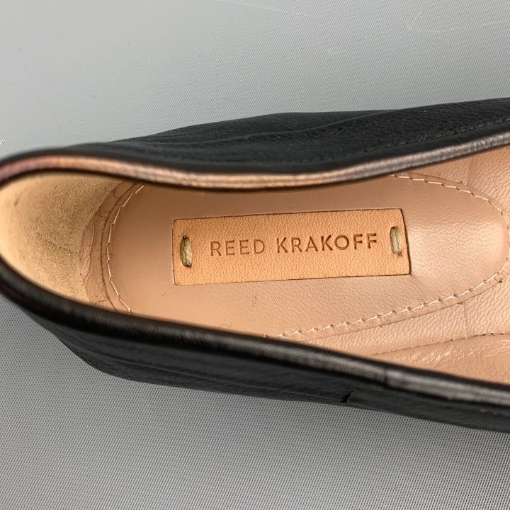 REED KRAKOFF Size 7.5 Black & Beige Two Tone Leather Cap Toe Flats