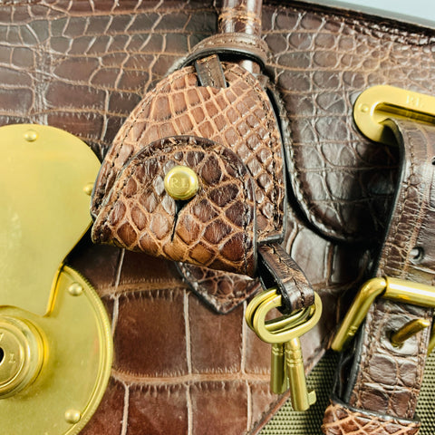 RALPH LAUREN Brown Olive Mixed Materials Alligator Nylon Handbag