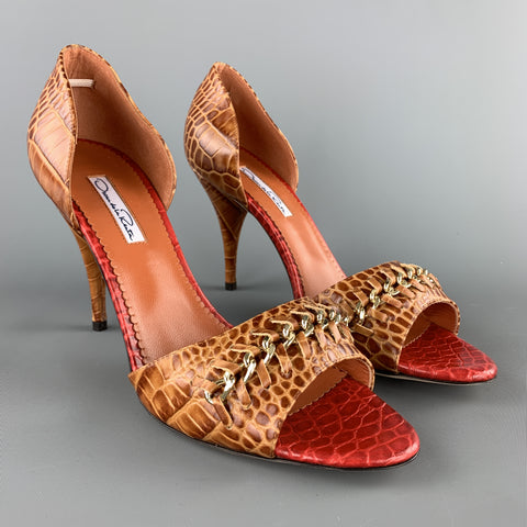 OSCAR DE LA RENTA Talla 10 Zapatos de tacón D'orsay con correa de cadena de cuero en relieve de cocodrilo marrón