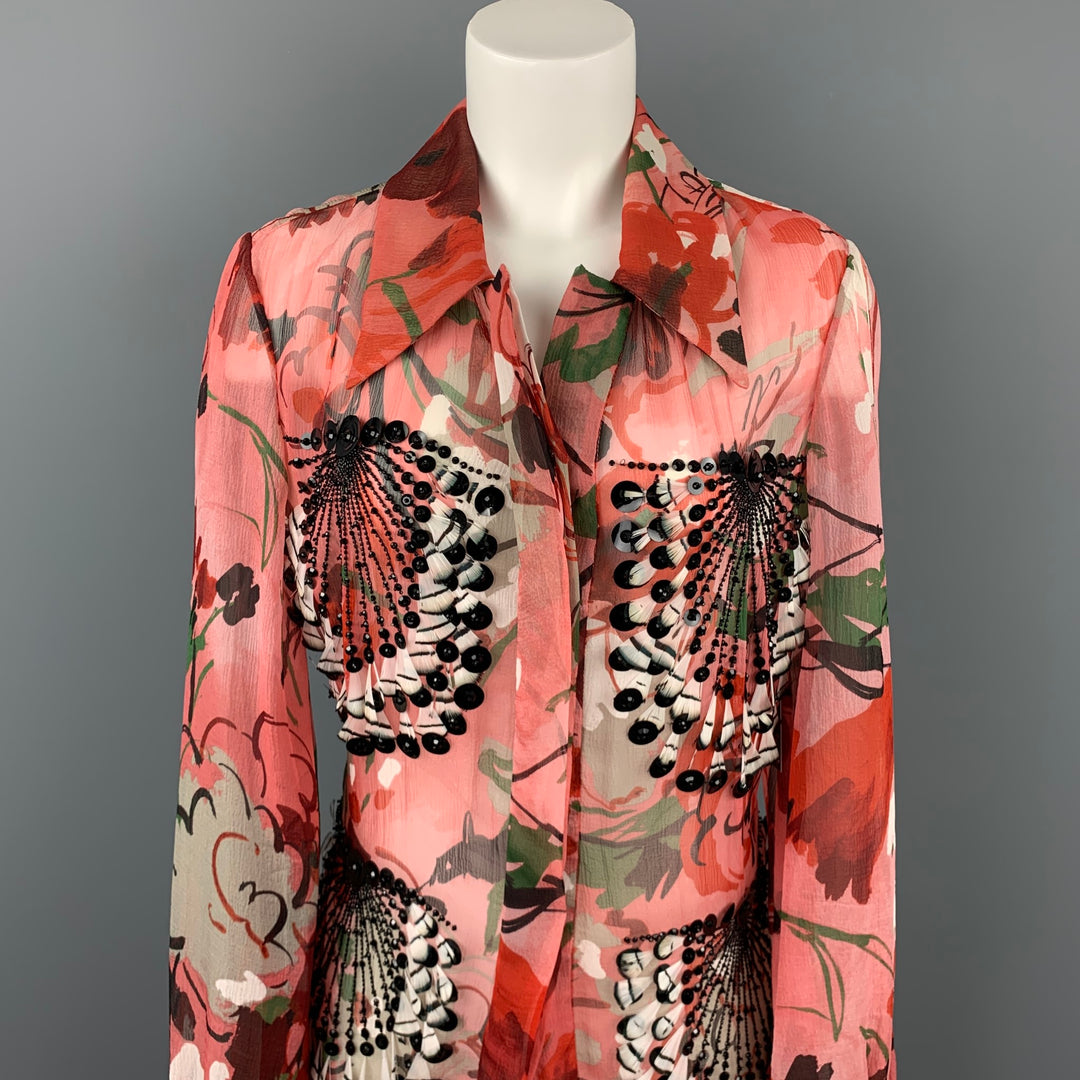 CAROLINA HERRERA Size 10 Pink Beaded Feather Silk Buttoned Jacket