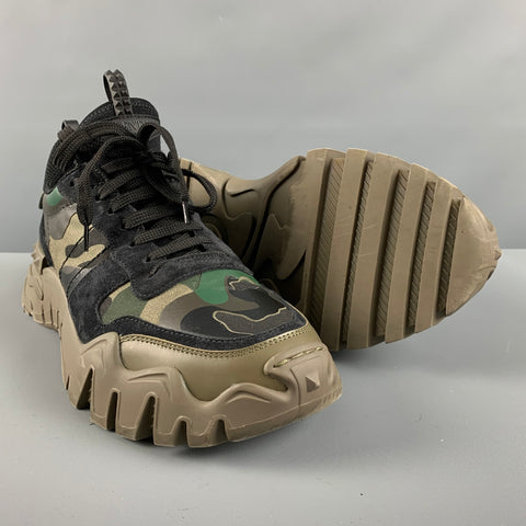 VALENTINO Size 10 Olive Black Camouflage Nylon Lace Up Sneakers