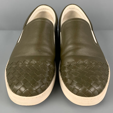 BOTTEGA VENETA Size 7.5 Olive White Woven Leather Slip On Sneakers