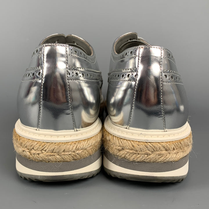 PRADA Size 12 Silver Metallic Leather Platform Lace Up Shoes