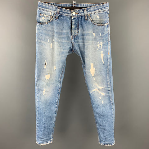 TAKESHY KUROSAWA Size 30 Blue Distressed Cotton Classic Button Fly Jeans
