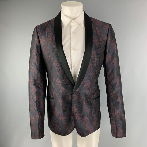 LANVIN Chest Size 42 Regular Navy Burgundy Jacquard Silk / Polyester Sport Coat