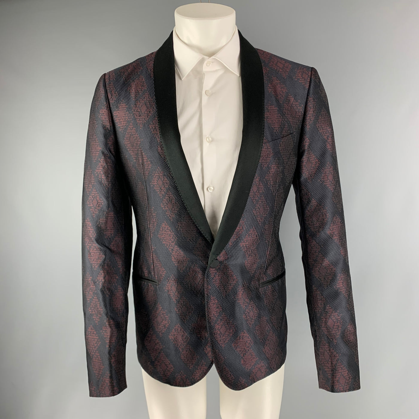 LANVIN Chest Size 42 Regular Navy Burgundy Jacquard Silk / Polyester Sport  Coat