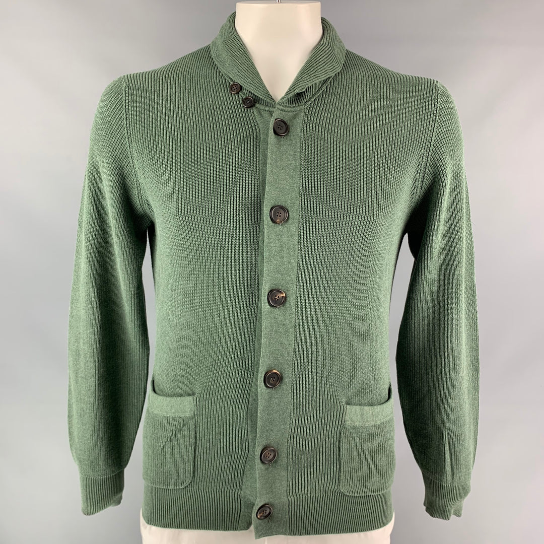BRUNELLO CUCINELLI Size L Green Knitted Cotton Shawl Collar Cardigan