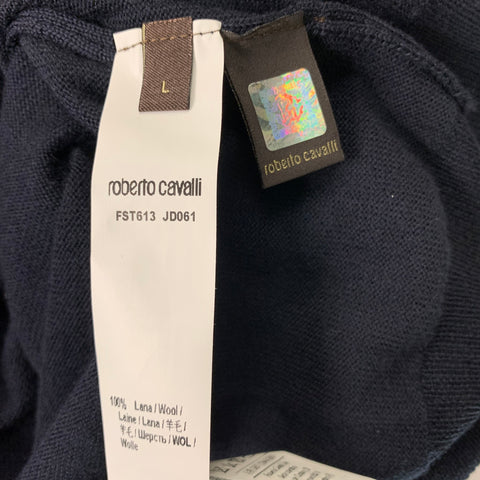 ROBERTO CAVALLI Size L Navy Solid Wool Crew-Neck Pullover