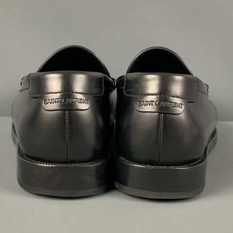 SAINT LAURENT Size 7 Black Leather Monogram Penny Loafers