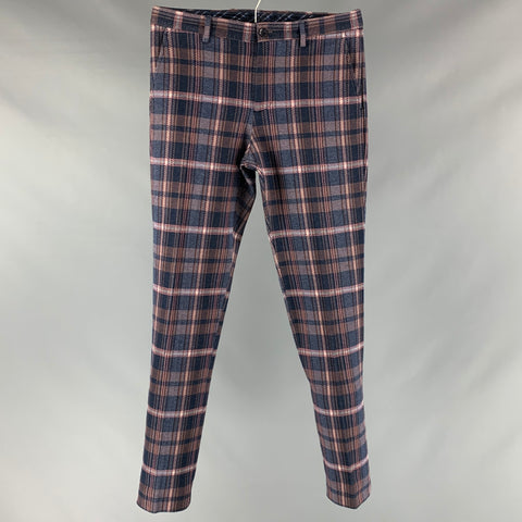 ETRO Size 30 Navy Plaid Cotton Flat Dress Pants