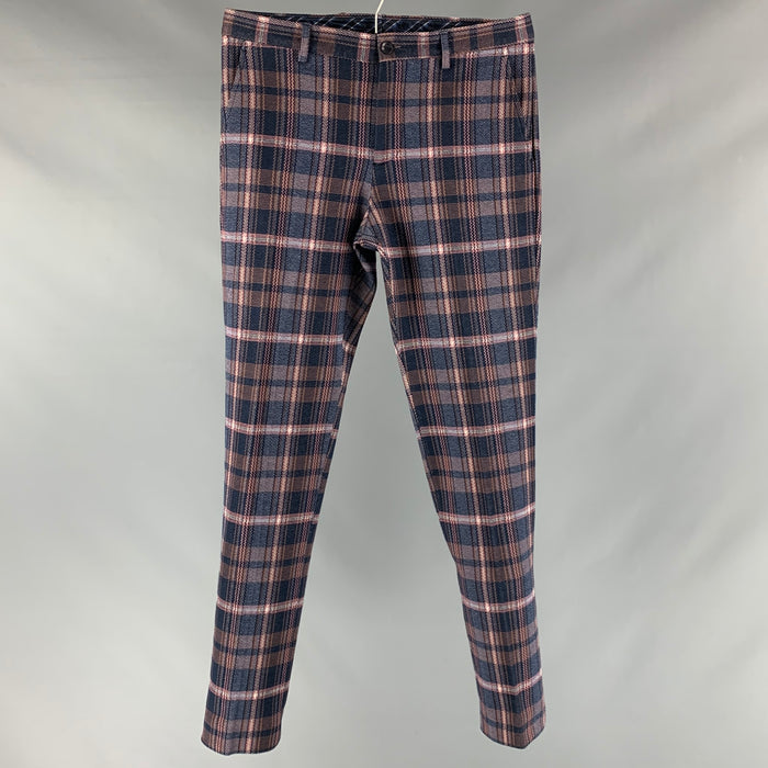 ETRO Size 30 Navy Plaid Cotton Flat Dress Pants
