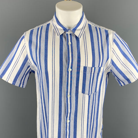 A.P.C. Size XL Blue & White Stripe Button Up Short Sleeve Shirt