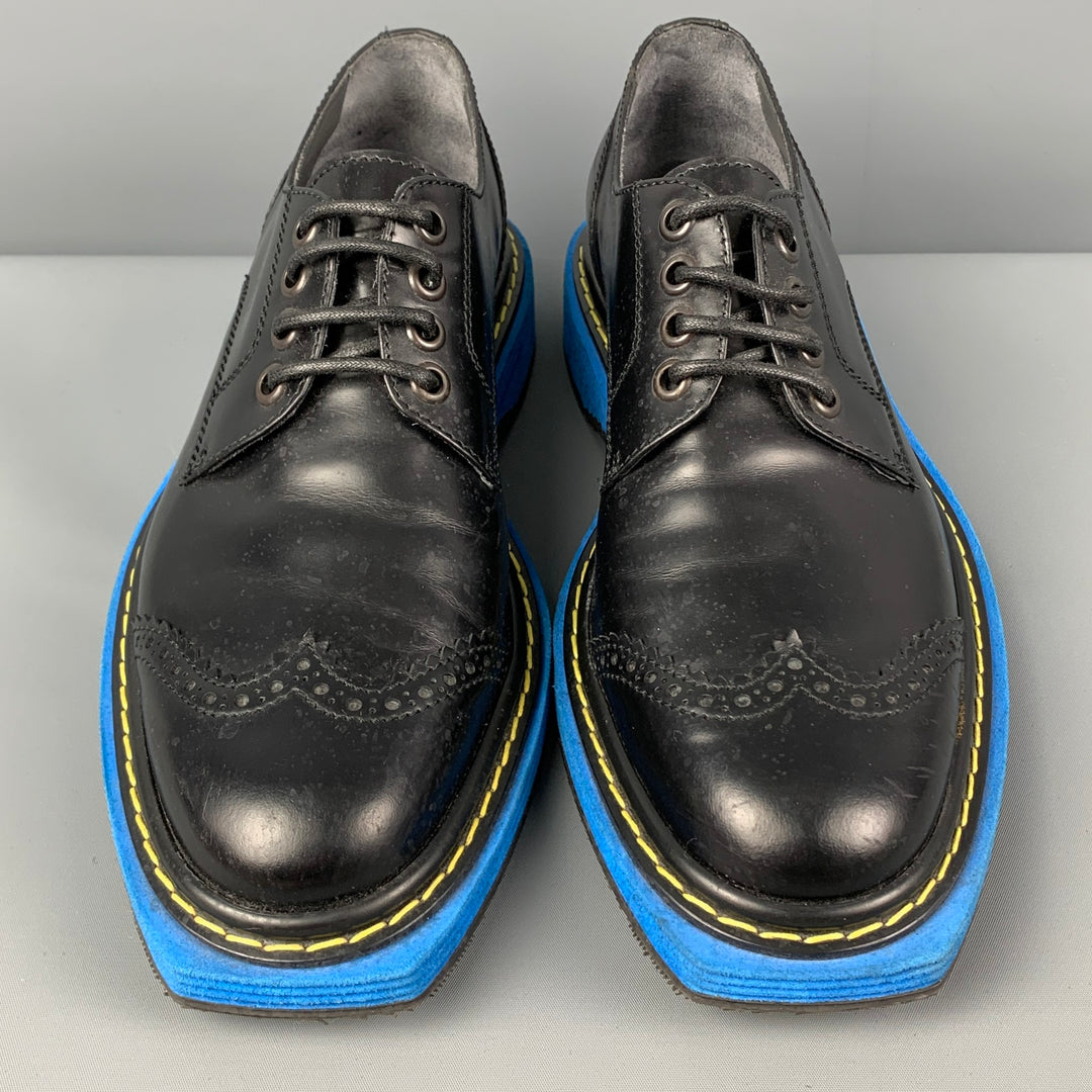 VIKTOR & ROLF Size 10 Black Blue Perforated Leather Wingtip Lace Up Shoes
