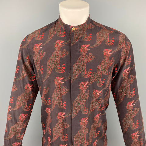 PAUL SMITH Size S Brown & Red Dinosar Print Cupro / Cotton Long Sleeve Shirt