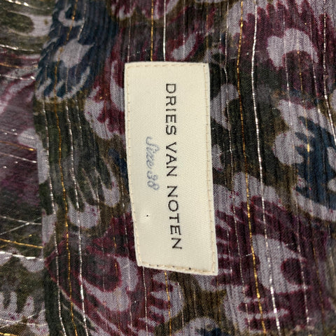 DRIES VAN NOTEN Size 6 Purple Black Silk Metallic Silver Blouse
