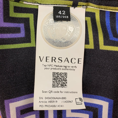 VERSACE Size L Black Print Silk Camp Short Sleeve Shirt