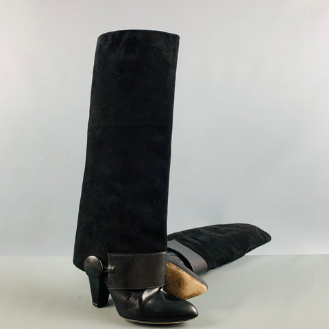 TE' CASAN Taille 7 Bottes à enfiler en daim noir avec matériaux mélangés
