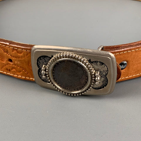 VINTAGE Taille 36 Tan Tissé Cuir Pluribus Unum Coin Buckle Belt