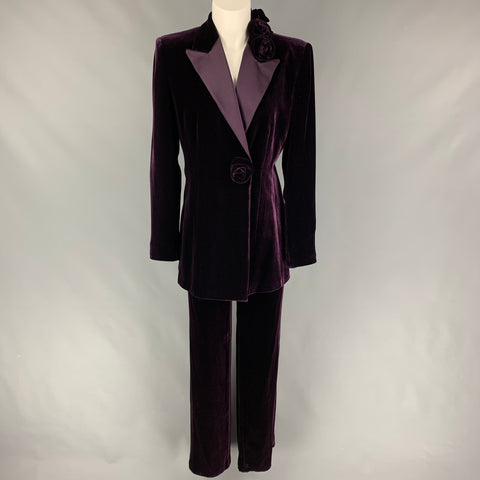 EMPORIO ARMANI Size 8 Purple Viscose Silk Velvet Peak Lapel Pants Suit