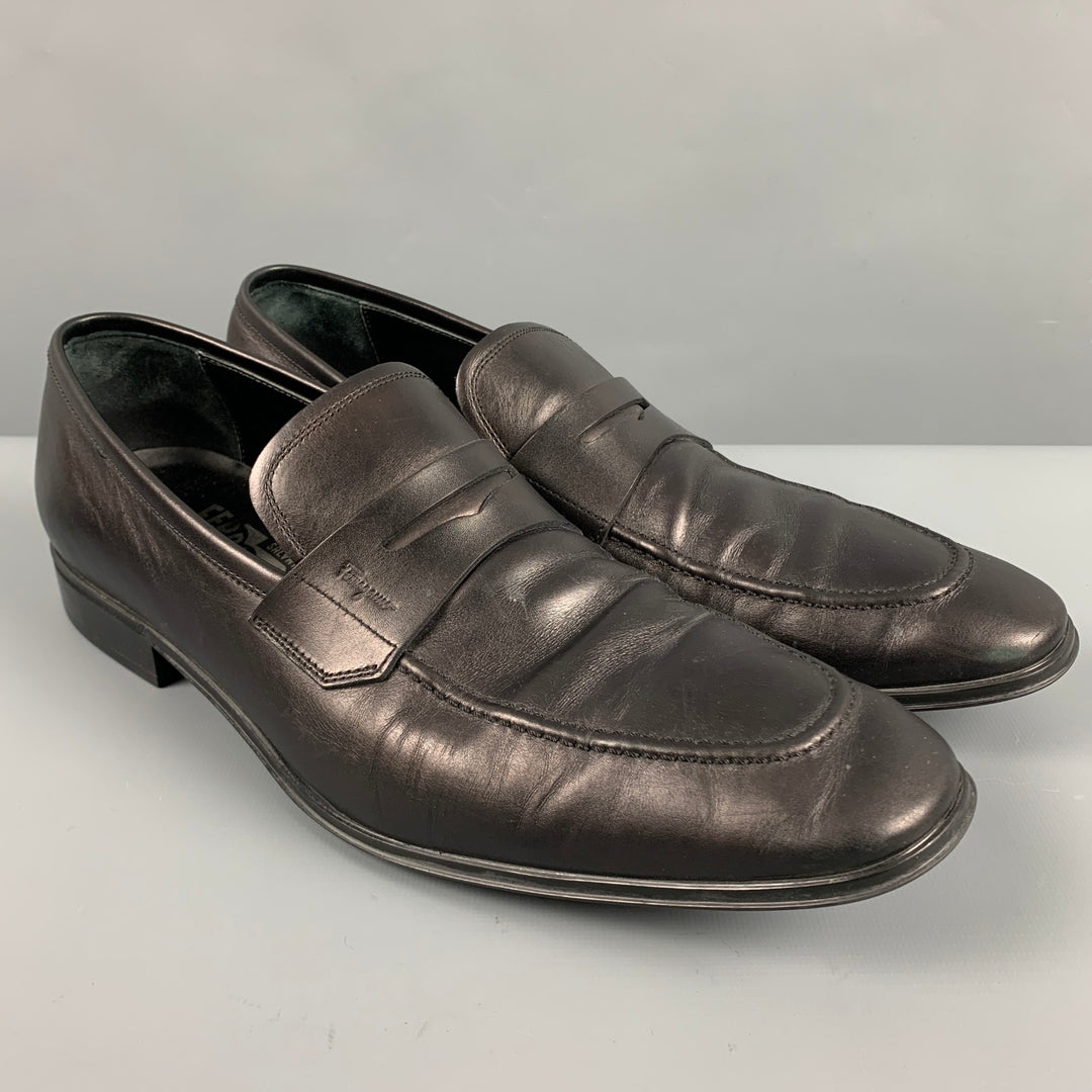 SALVATORE FERRAGAMO Size 9.5 Black Leather Penny Loafers