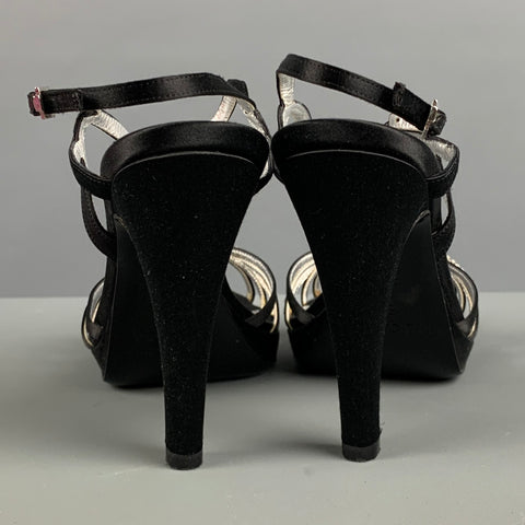 ESCADA Taille 9 Noir Argent Soie Strass Sandales Bride Cheville
