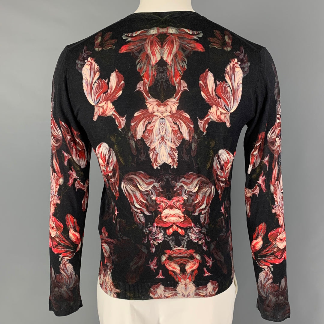 ALEXANDER MCQUEEN Size S Black Red Floral Wool V-Neck Pullover
