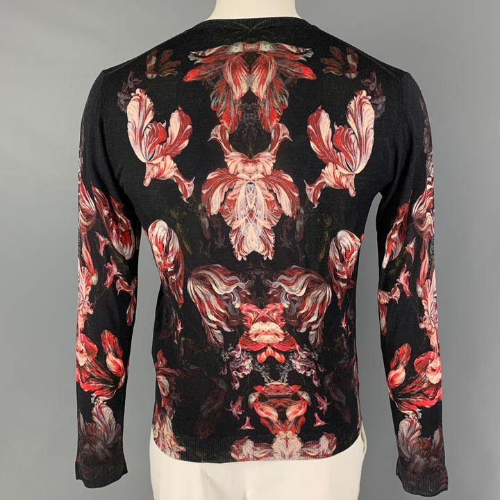 ALEXANDER MCQUEEN Size S Black Red Floral Wool V-Neck Pullover