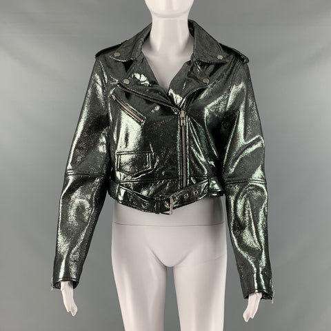 REBECCA MINKOFF Taille S Veste de motard métallisée en cuir argenté