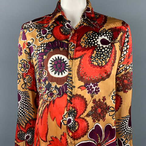 JUST CAVALLI Size XL Gold & Brown Print Silk Button Up Long Sleeve Shirt